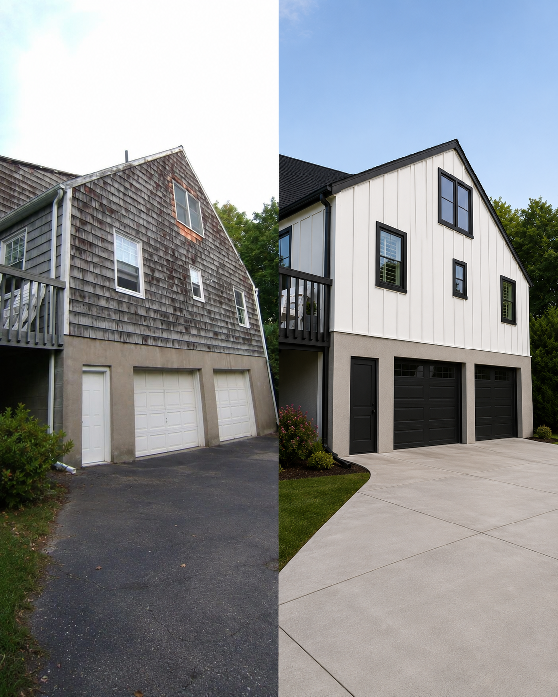 Siding before and after — weathered cedar shake replaced with modern fiber cement